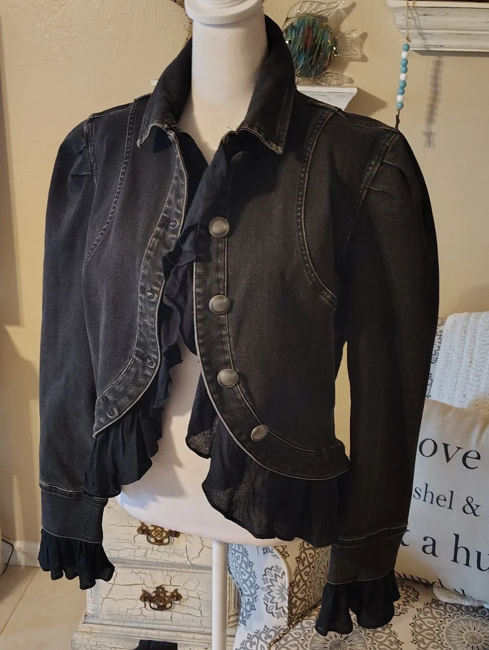 Free People Black Ruffle-Trim Suki Denim Jacket Boho Festival Cropped - Picture 5 of 10